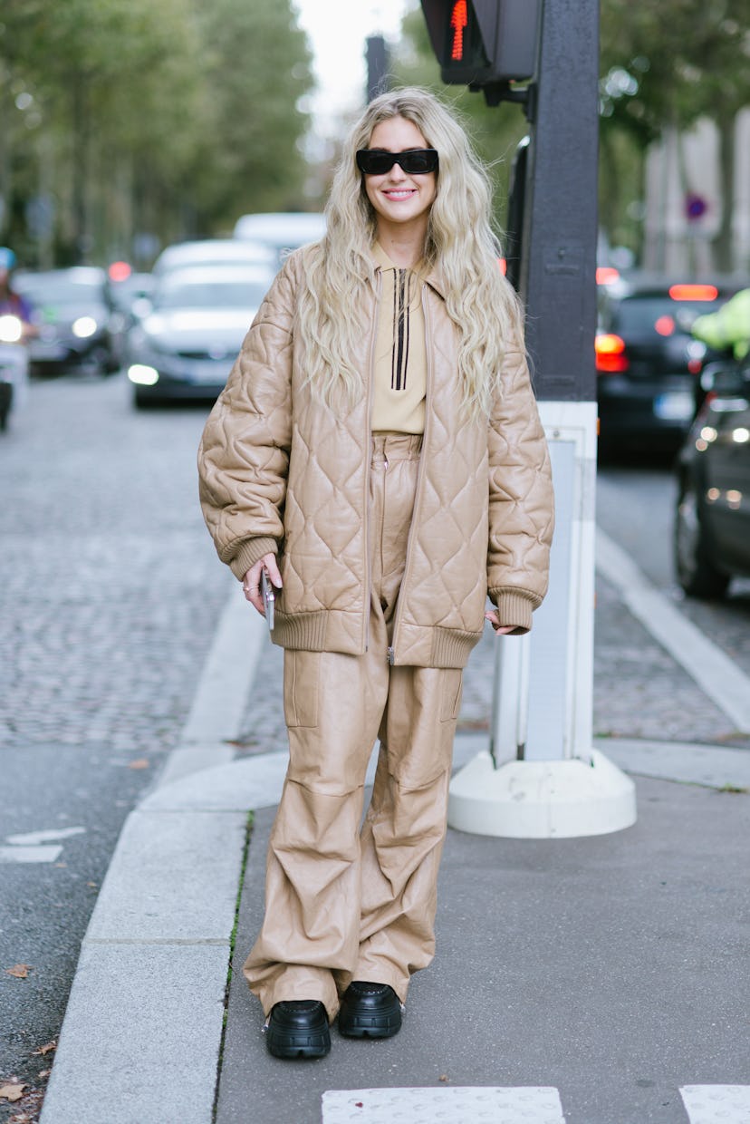 PARIS, FRANCE - OCTOBER 05: Emili Sindlev poses wearing Miu Miu after the Miu Miu show at the Palais...