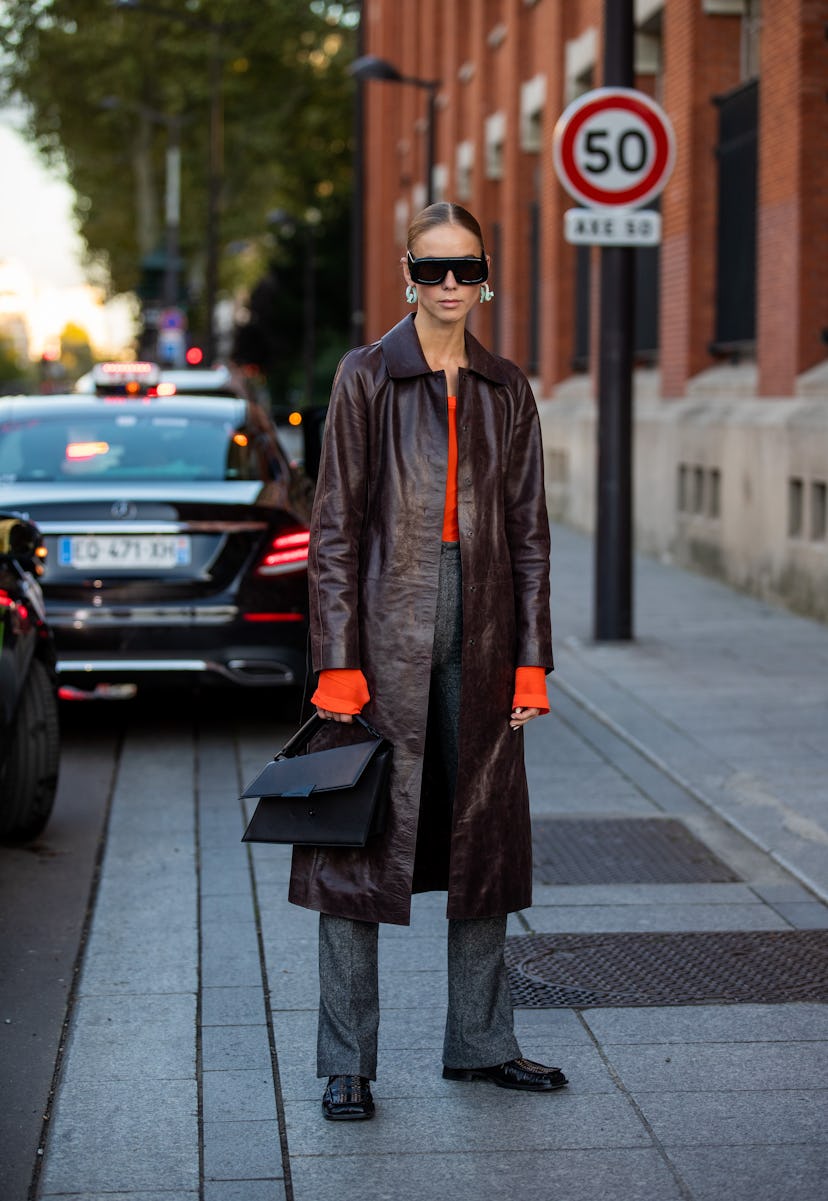 PARIS, FRANCE - SEPTEMBER 29: Hilda Sandström seen wearing brown coat outside Acne during Paris Fash...