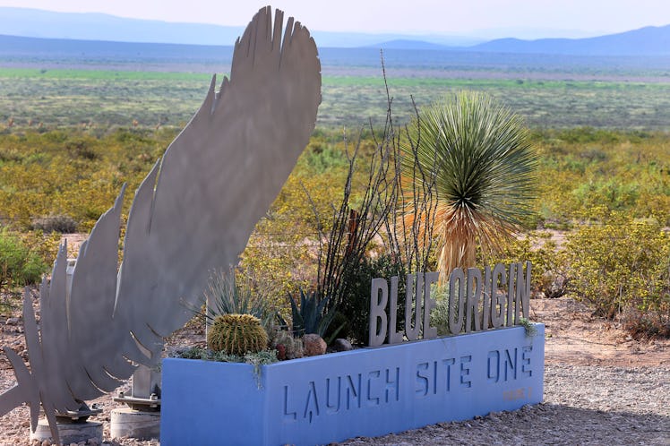 VAN HORN, TEXAS - JULY 19: The sign outside of Jeff Bezos’ Blue Origin operations in West Texas on J...