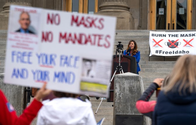 BOISE, ID - MARCH 06: Idaho Lieutenant Governor Janice McGeachin speaks during a mask burning event ...