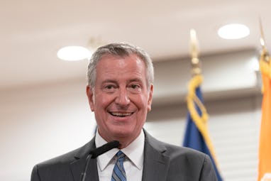 NEW YORK, UNITED STATES - 2021/09/27: Mayor Bill de Blasio speaks during press availability after he...