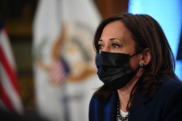 US Vice President Kamala Harris meets with small business leaders to discuss how the Infrastructure ...