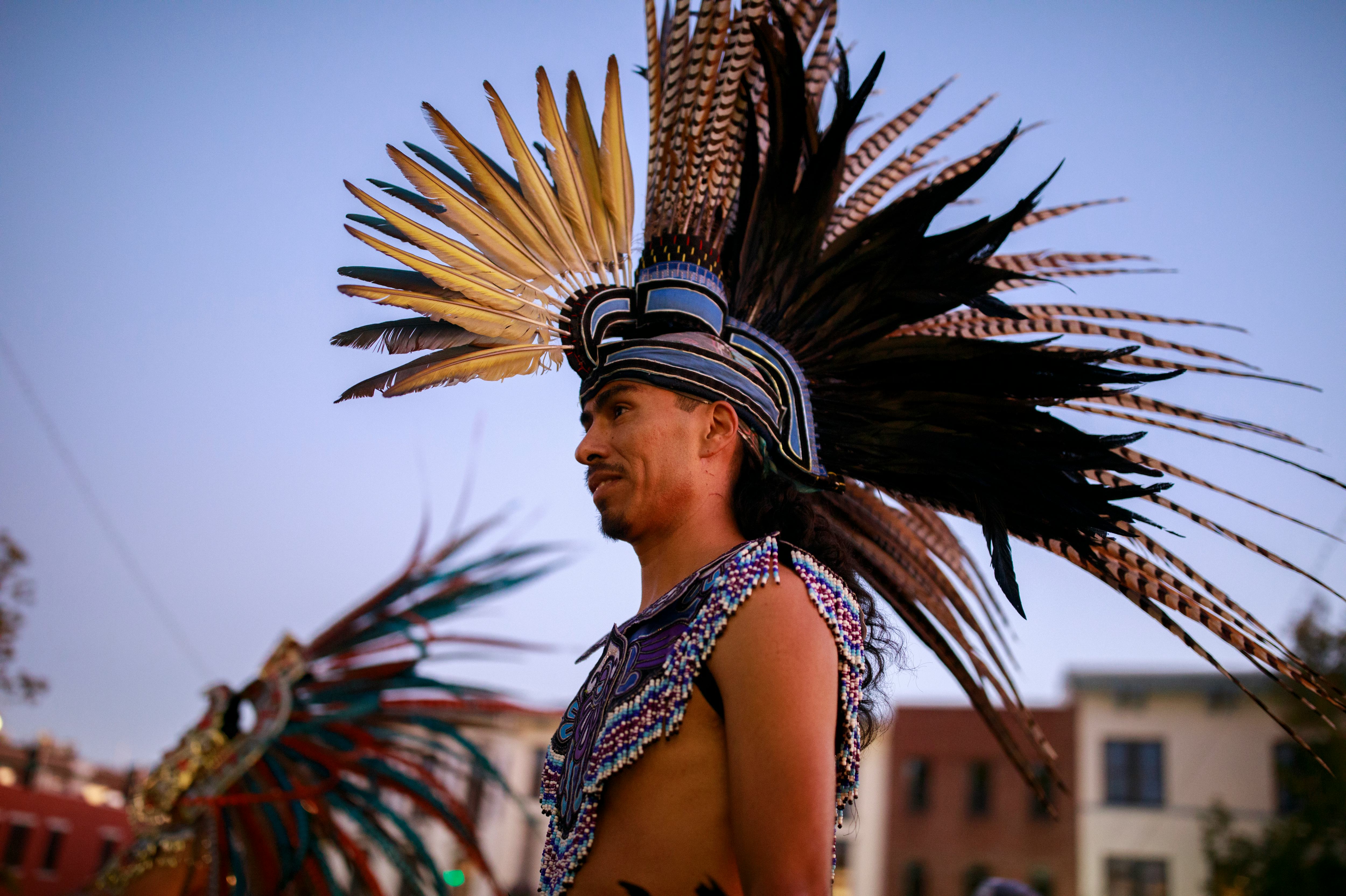 BLOOMINGTON, INDIANA, UNITED STATES - 2019/10/14: Mexica (Aztec) dancer, Alejandro Quintana, of Indi...