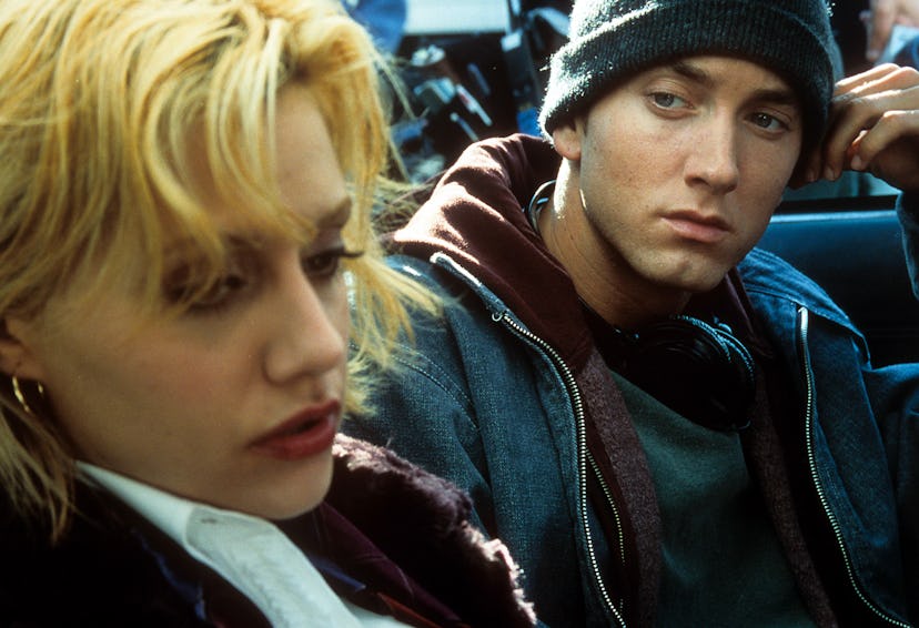 Eminem looks over at Brittany Murphy in a scene from the film '8 Mile.'