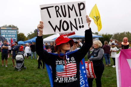 Nancy Galloway, a supporter of former US President Donald Trump protests the visit of US President J...