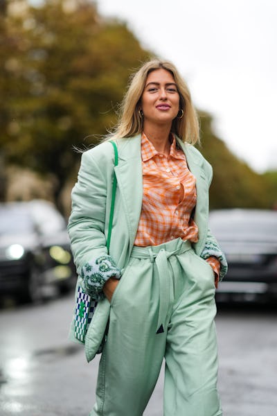 Emili Sindlev demonstrates how to wear an oversize blazer in color and as part of a matching set