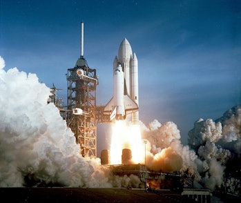 First Space Shuttle Mission launches, Florida, USA, April 12, 1981. Space Shuttle Columbia and STS-1...