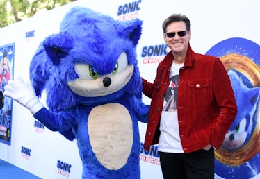 Actor Jim Carrey and Sonic attend the "Sonic The Hedgehog" Family Day Event at Paramount Studio, in ...