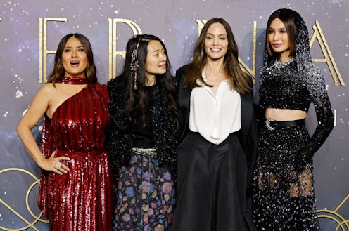 (L-R) Mexican-US actor Salma Hayek, Chinese film director Chloe Zhao, US actor Angelina Jolie and Br...