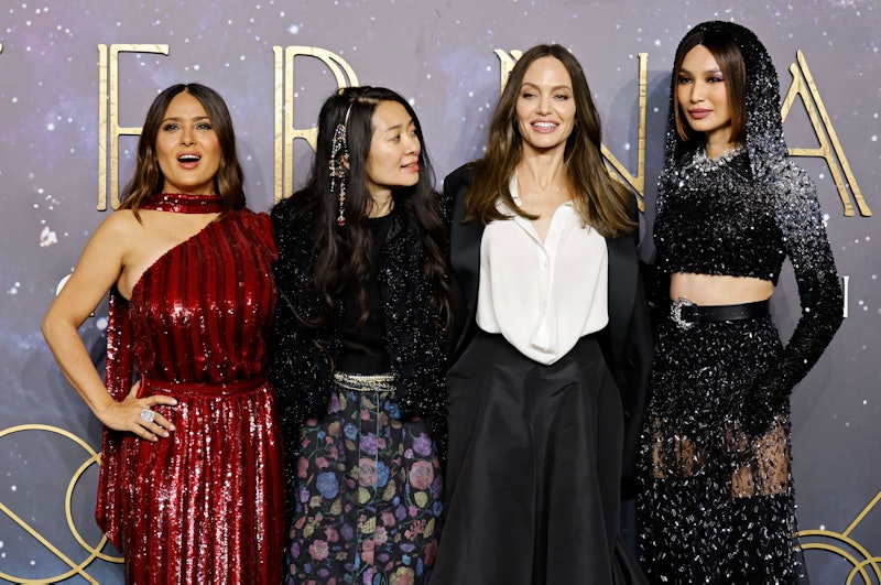 (L-R) Mexican-US actor Salma Hayek, Chinese film director Chloe Zhao, US actor Angelina Jolie and Br...