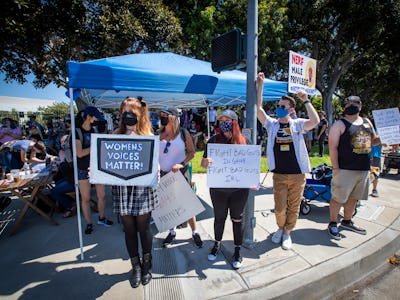 Irvine, CA - July 28: Several hundred Activision Blizzard employees stage a walkout which they say i...