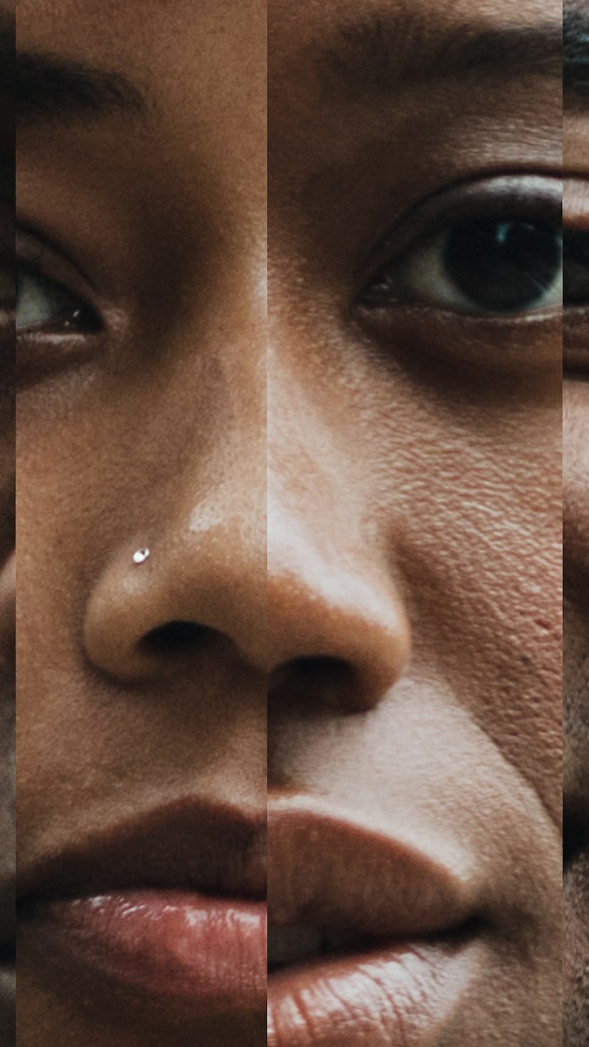 A montage blend of African American faces close up, both men and women with different shades and col...