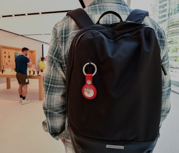 SYDNEY, AUSTRALIA - APRIL 30: A key ring containing an AirTag attached to a rucksack inside the Appl...