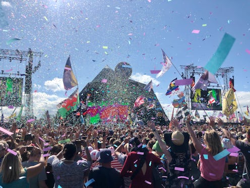 Crowds listen to Kylie perform on the Pyramid Stage at the 2019 Glastonbury Festival held at Worthy ...