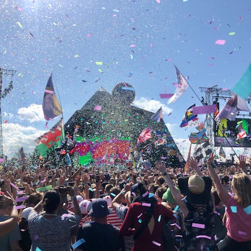 Crowds listen to Kylie perform on the Pyramid Stage at the 2019 Glastonbury Festival held at Worthy ...