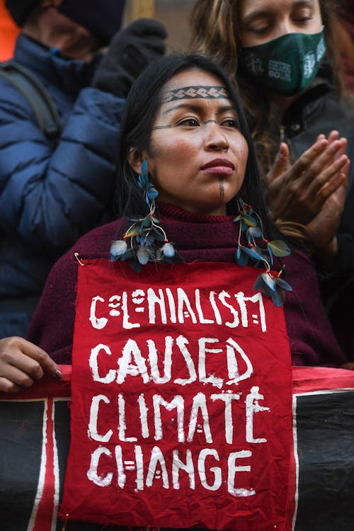 GLASGOW, SCOTLAND - NOVEMBER 10: An Indigenous Amazonian woman is seen during an Extinction Rebellio...