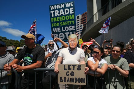 WELLINGTON, NEW ZEALAND - NOVEMBER 09: A protestor wears a Donald Trump face mask during a Freedom a...