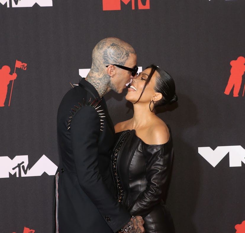 NEW YORK, NEW YORK - SEPTEMBER 12: Travis Barker and Kourtney Kardashian attend the 2021 MTV Video M...