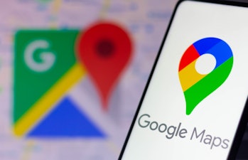 BRAZIL - 2021/10/31: In this photo illustration the Google Maps logo seen displayed on a smartphone ...
