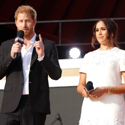 NEW YORK, NEW YORK - SEPTEMBER 25: Prince Harry, Duke of Sussex and Meghan, Duchess of Sussex speak ...