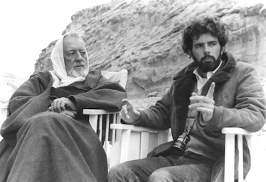 British actor Alec Guinness with American director, screenwriter and producer George Lucas on the se...