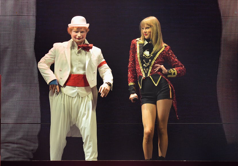Ed Sheeran and Taylor Swift onstage during the Red Tour in 2013.