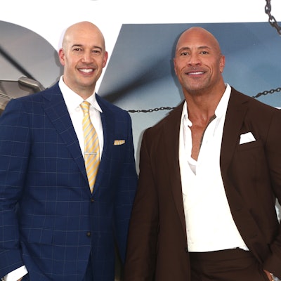 HOLLYWOOD, CALIFORNIA - JULY 13: Hiram Garcia and Dwayne Johnson attend the Premiere Of Universal Pi...