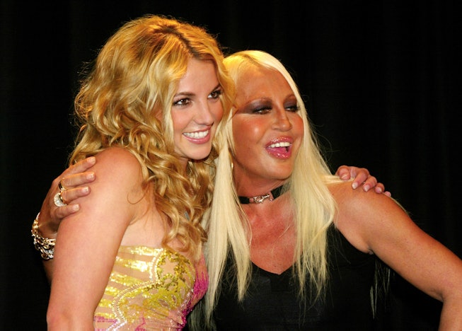 MILAN, ITALY - SEPTEMBER 29:  Italian  stylist Donatella Versace and american singer Britney Spears ...
