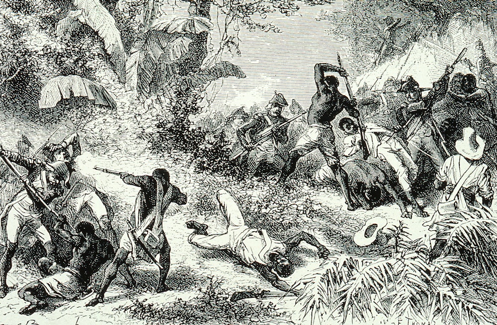 Combat entre les esclaves et l'armée française lors de la révolution haïtienne, en 1791. (Photo by A...