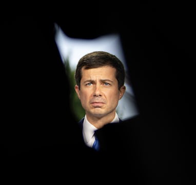 WASHINGTON, DC - OCTOBER 13: U.S. Transportation Secretary Pete Buttigieg does a television intervie...