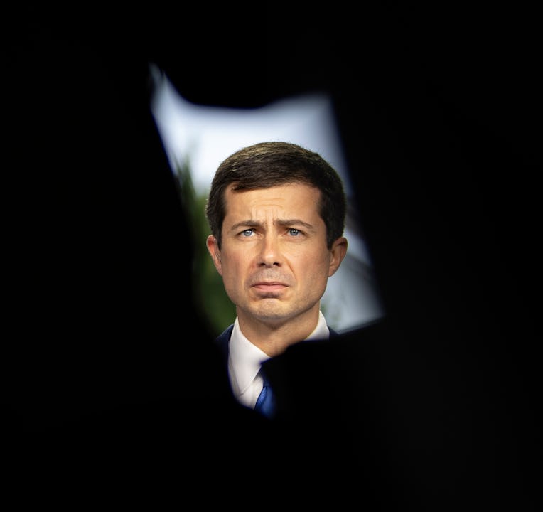 WASHINGTON, DC - OCTOBER 13: U.S. Transportation Secretary Pete Buttigieg does a television intervie...