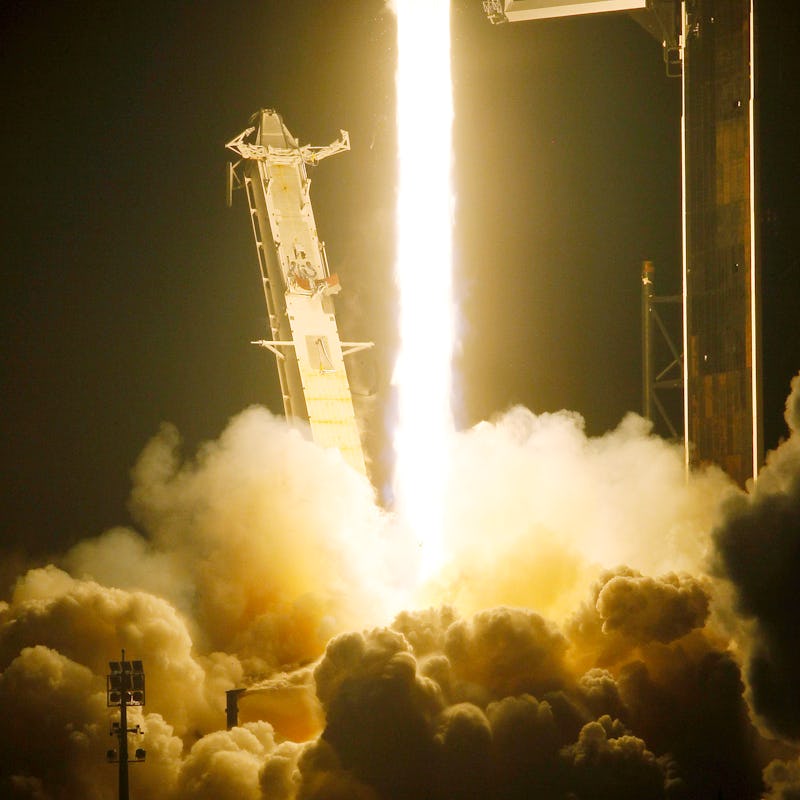 CAPE CANAVERAL, FLORIDA - NOVEMBER 10:  SpaceX Falcon 9 rocket with the Crew Dragon spacecraft lifts...