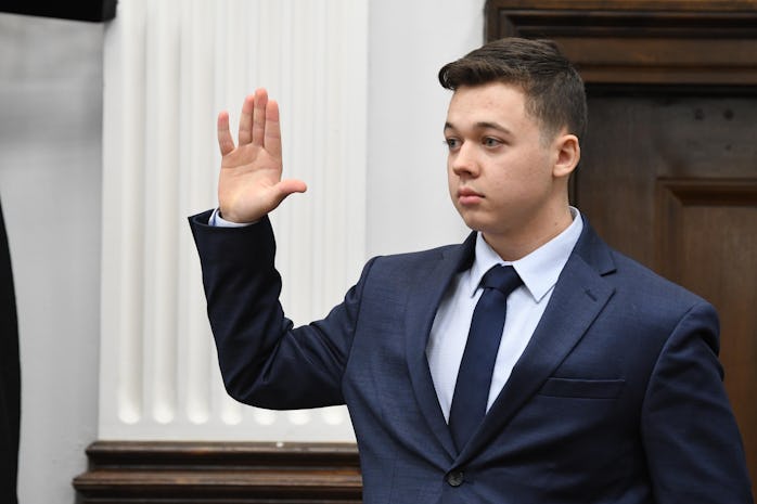 KENOSHA, WISCONSIN - NOVEMBER 10: Kyle Rittenhouse is sworn in to testify during his trial at the Ke...