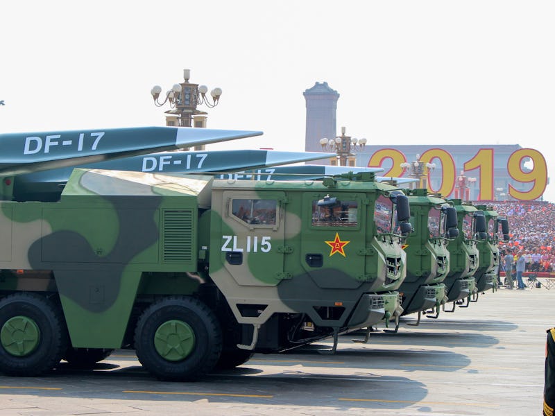 BEIJING, CHINA - OCTOBER 1, 2019: DF-17 Dongfeng medium-range ballistic missiles equipped with a DF-...