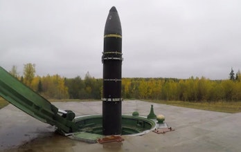 ARKHANGELSK REGION, RUSSIA - SEPTEMBER 30, 2019: Pictured in this video grab is a Topol-M interconti...