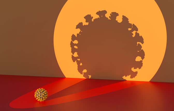 Digital generated image of highlighted by circular spot light coronavirus Covid 19 and projected huh...