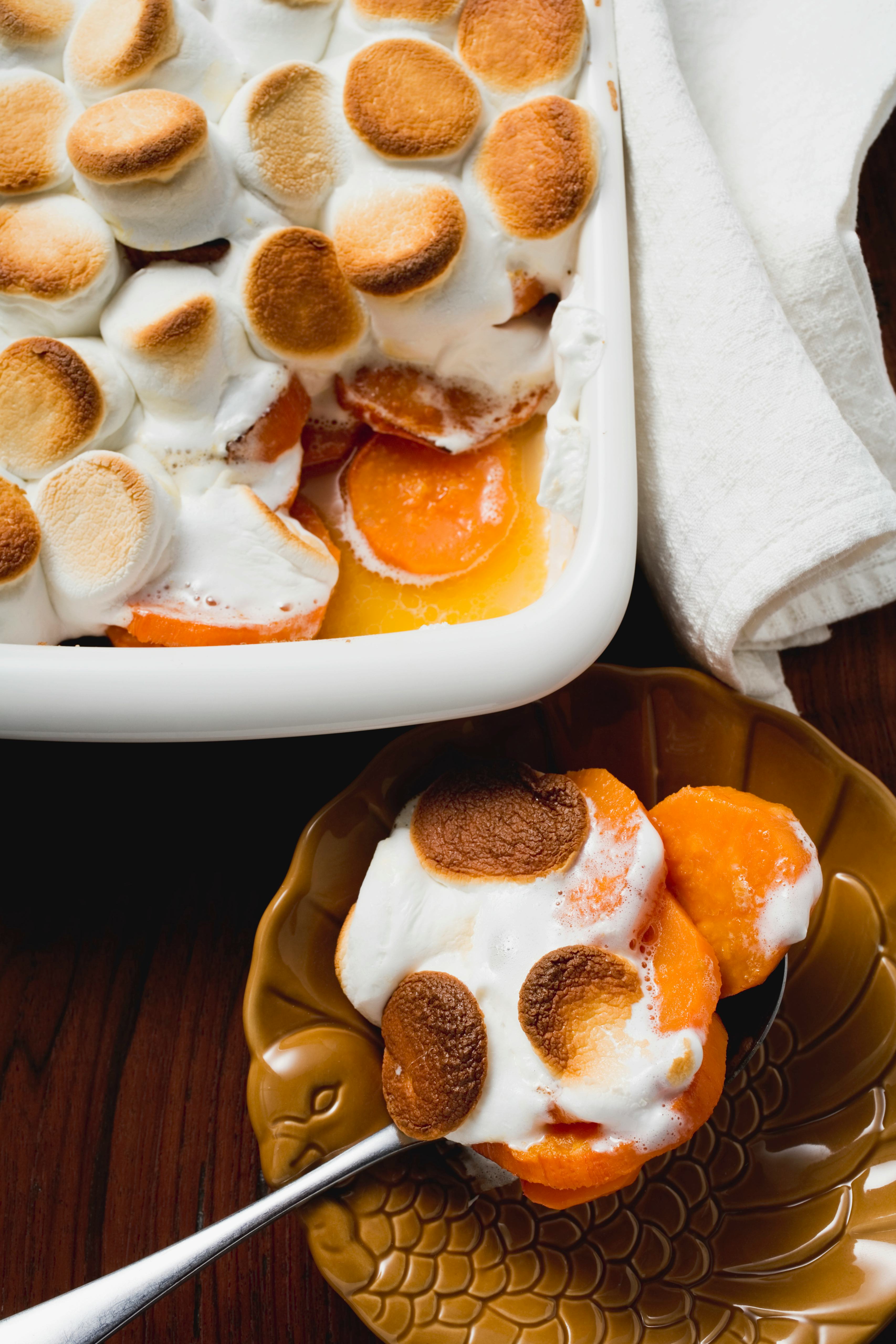 Sweet potato souffle with marshmallows is a great kid-friendly Thanksgiving side.