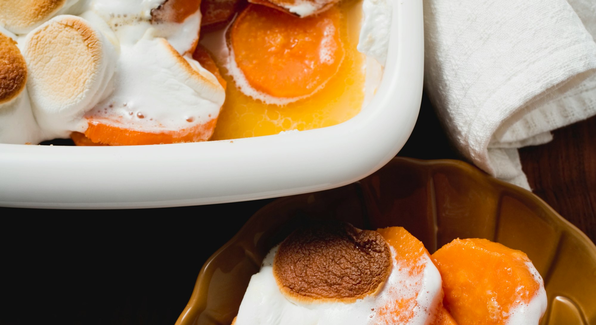 Sweet potato souffle with marshmallows is a great kid-friendly Thanksgiving side.