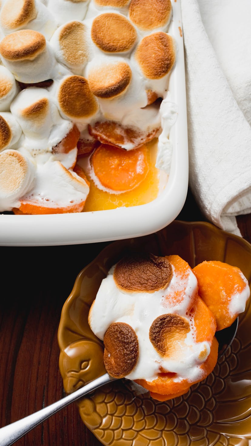 Sweet potato souffle with marshmallows is a great kid-friendly Thanksgiving side.