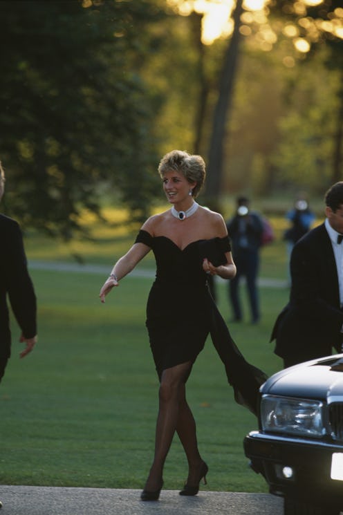 British royal Diana, Princess of Wales (1961-1997) wearing a black Christina Stambolian dress, atten...
