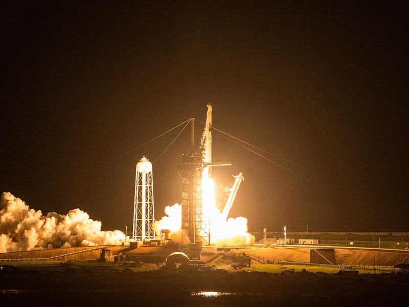 The SpaceX Falcon 9 rocket carrying the Inspiration4 crew launches from Pad 39A at NASA's Kennedy Sp...