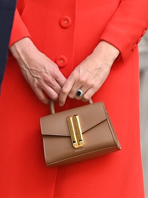 LONDON, ENGLAND - MAY 07: Catherine, Duchess of Cambridge, bag detail, visits the National Portrait ...