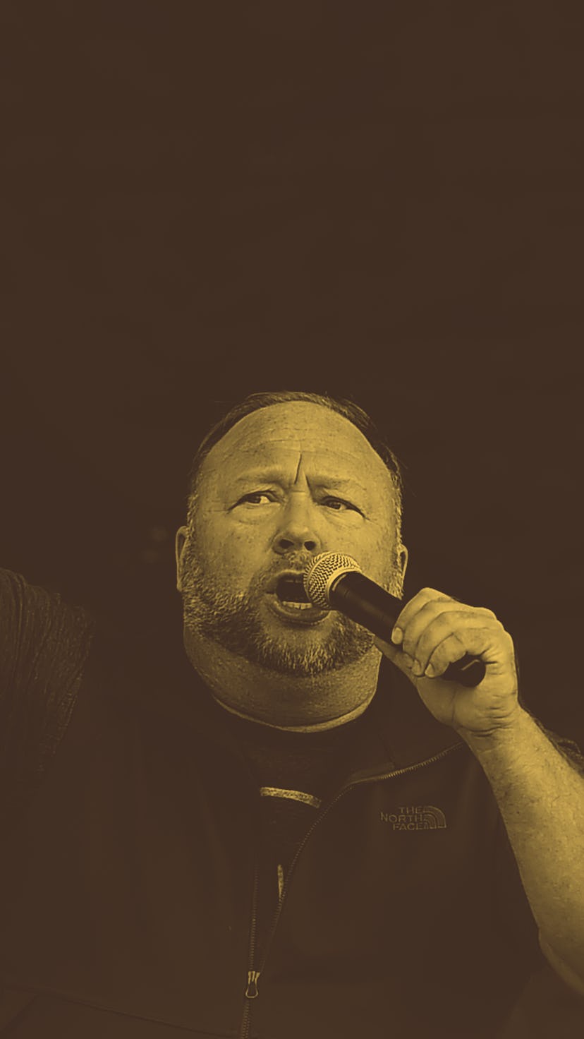 US far-right radio show Alex Jones speaks to supporters of US President Donald Trump as they demonst...