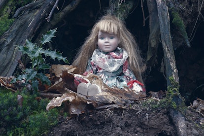 A creepy spooky doll, sitting under a tree in a forest. With a dark, muted edit.