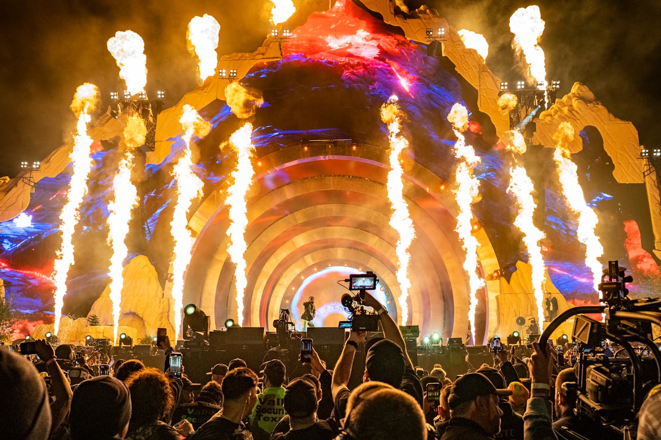 HOUSTON, TEXAS - NOVEMBER 05: Travis Scott performs during 2021 Astroworld Festival at NRG Park on N...
