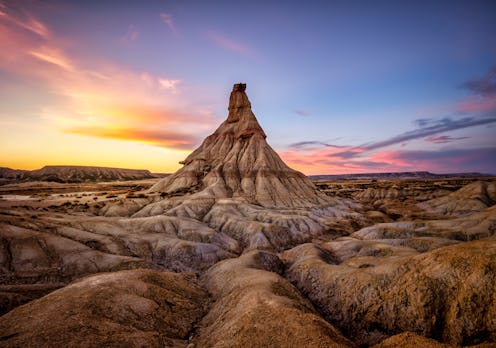 view of Castildetierra Hoodoo in Las Bardenas Reales desert at dusk, Navarra, Spain