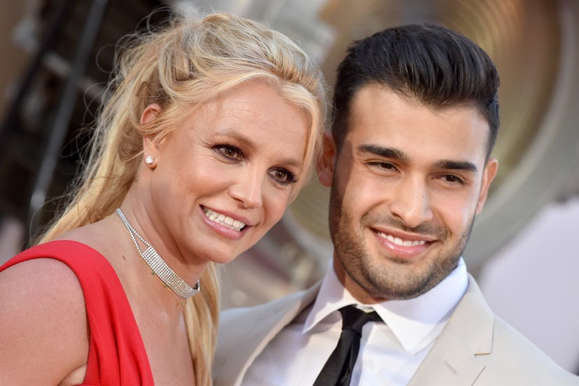 Britney Spears and Sam Asghari  smile at the premiere of 'Once Upon a Time ... in Hollywood.' (Photo...