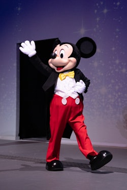 Image of a costumed Mickey Mouse character walking and waving hello.
