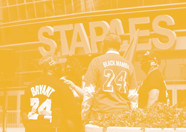 Fans in Kobe Bryant jerseys gather in front of Staples Center, home of the Los Angeles Lakers on Aug...