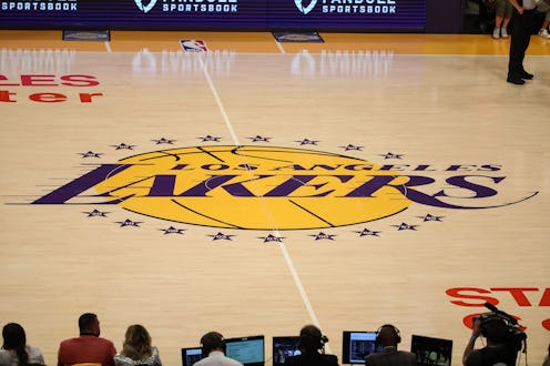 LOS ANGELES, CA - OCTOBER 19: Los Angeles Lakers logo at center court during the Golden State Warrio...